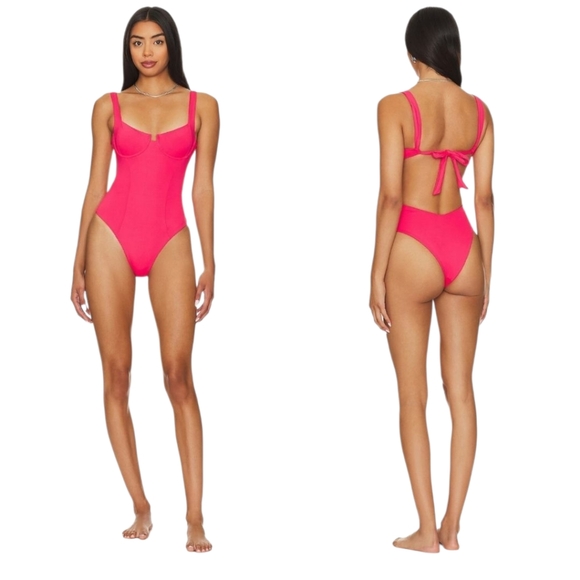 NWT L*SPACE Kendal Underwire Tie Back One Piece Swimsuit In Hot Cherry XL New - Picture 2 of 14